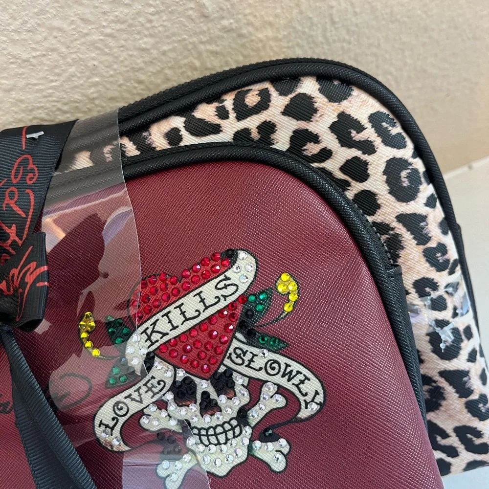 Ed Hardy Red and Leopard Cosmetic Makeup Bag Set